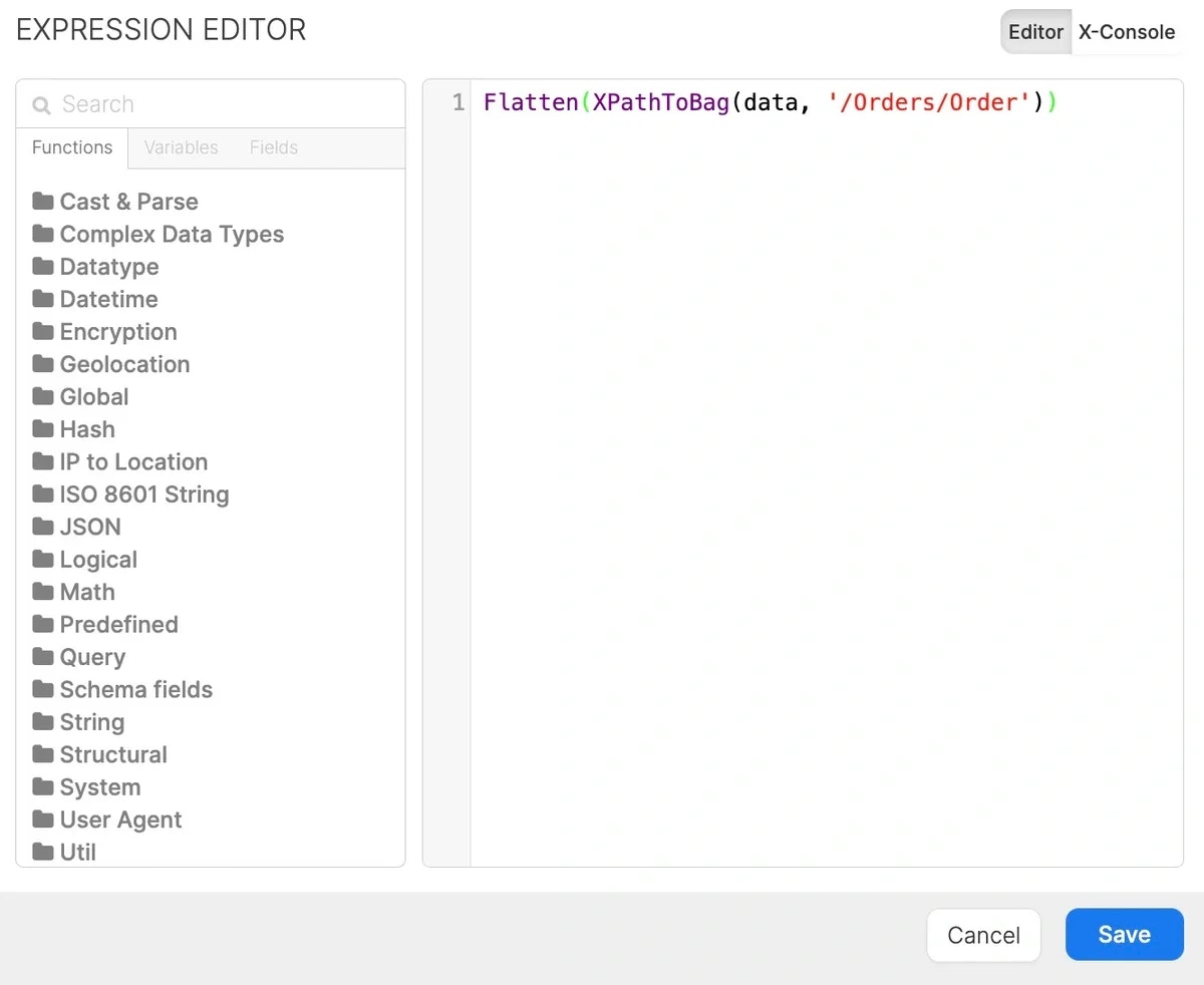 Expression Editor with Flatten and XPathToBag for the Order element