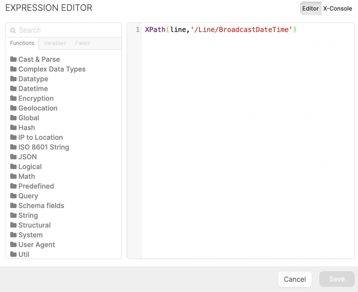 XPath function extracting BroadcastDateTime from the Line element