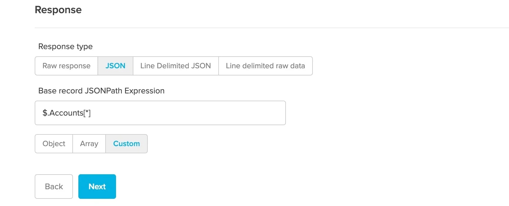 JSON response type with base record JSONPath expression