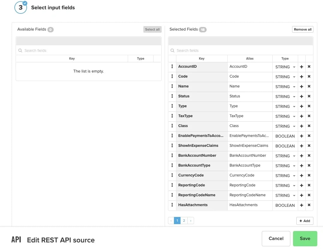 Input fields selection with available and selected fields