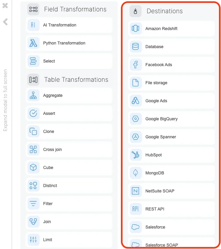 Redshift destination component in the pipeline designer