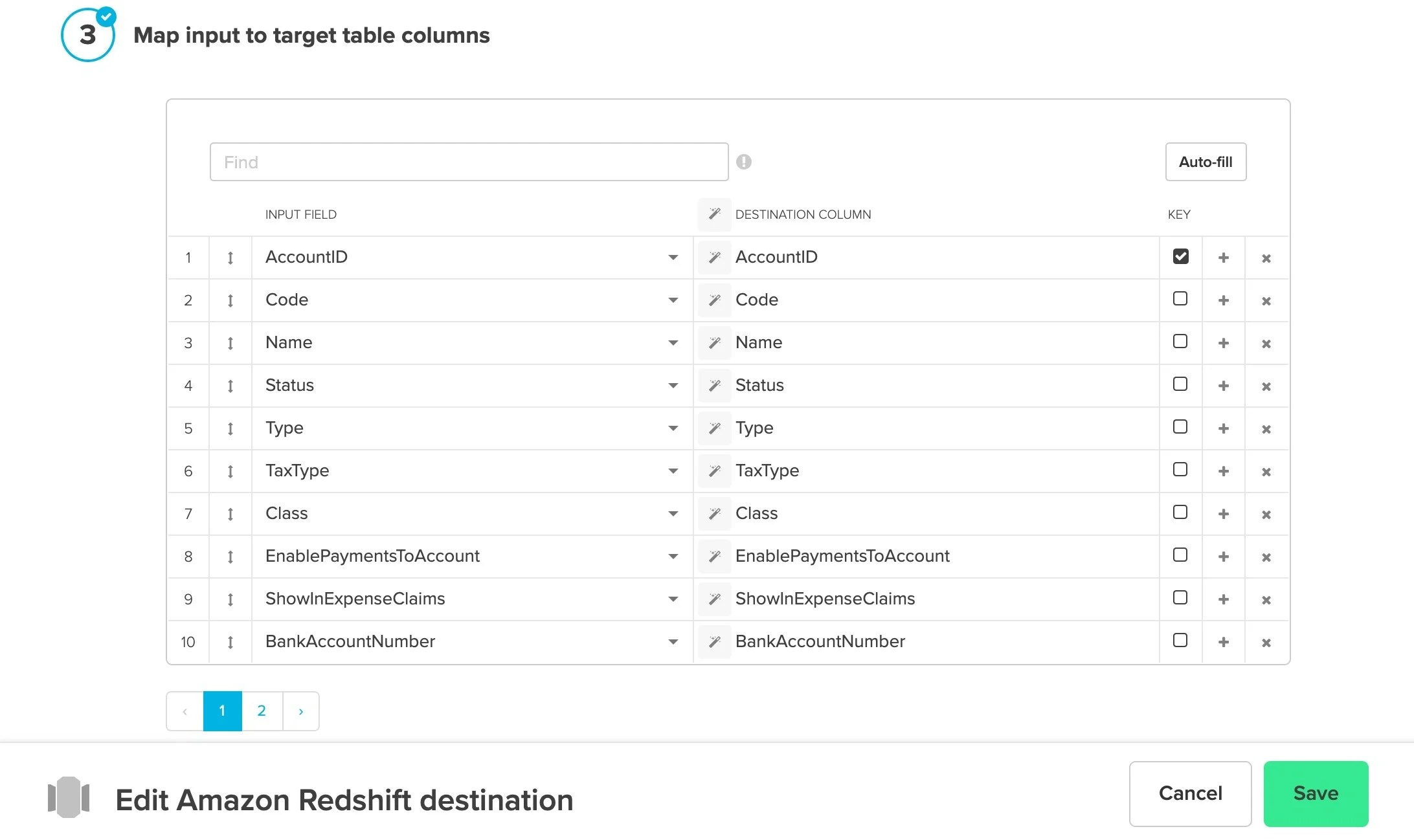 Schema mapping with auto-filled fields and merge key selection