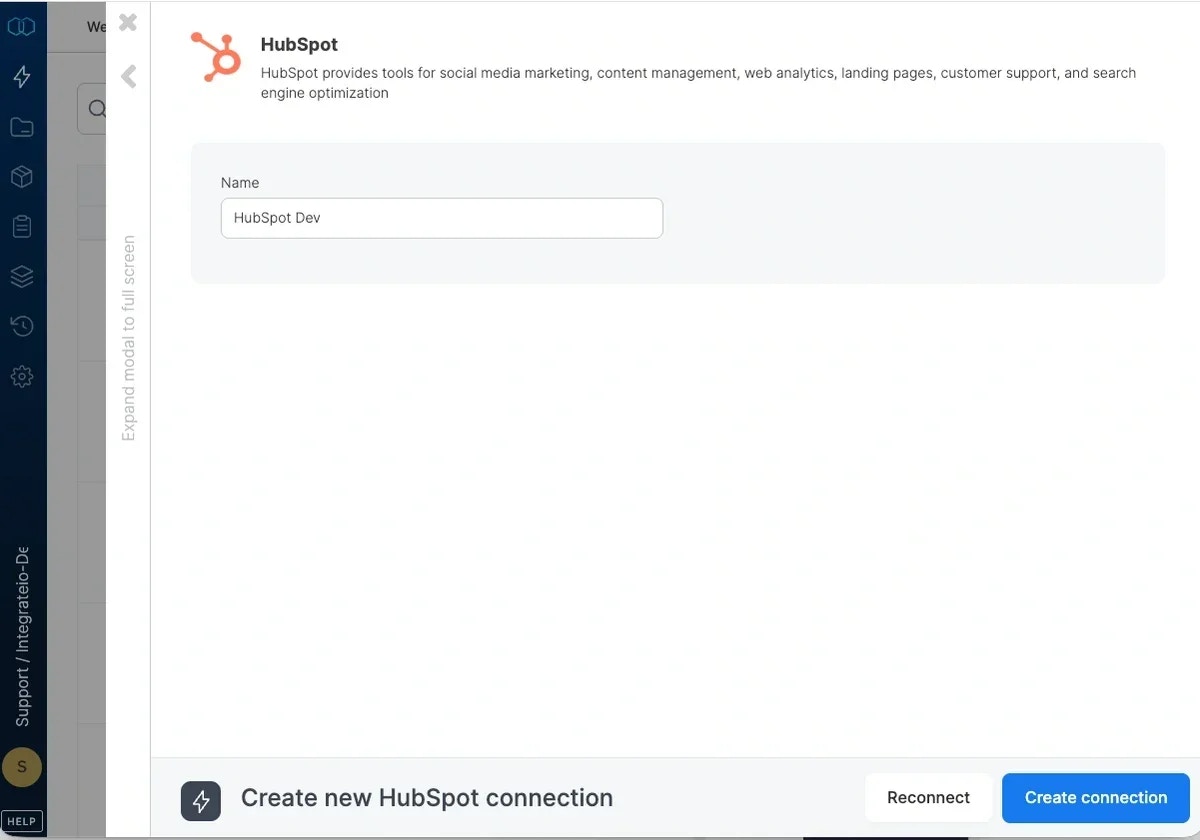 Naming the HubSpot connection and clicking Create connection