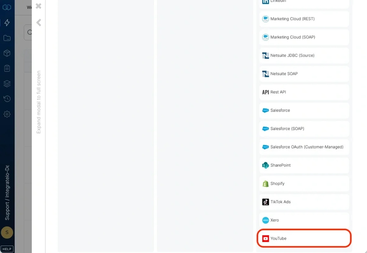 Selecting YouTube from the connection type list