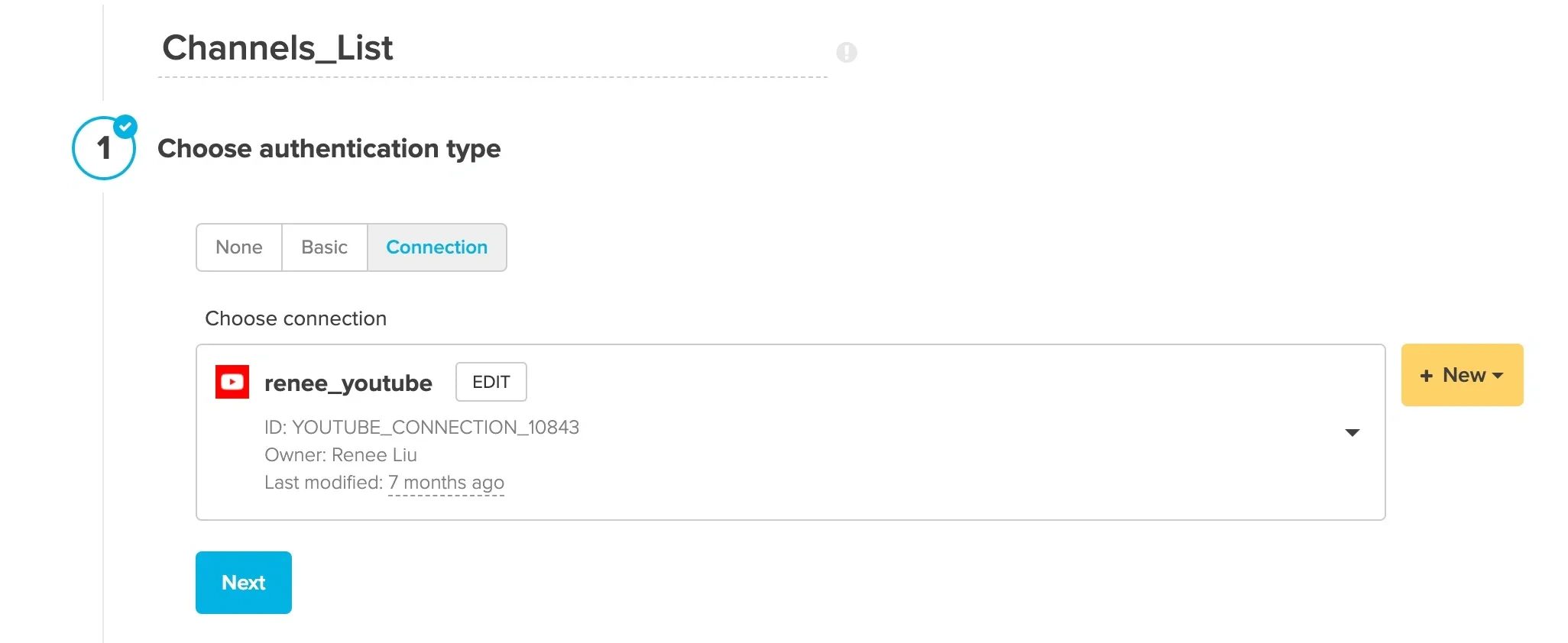 REST API component authentication with YouTube connection selected