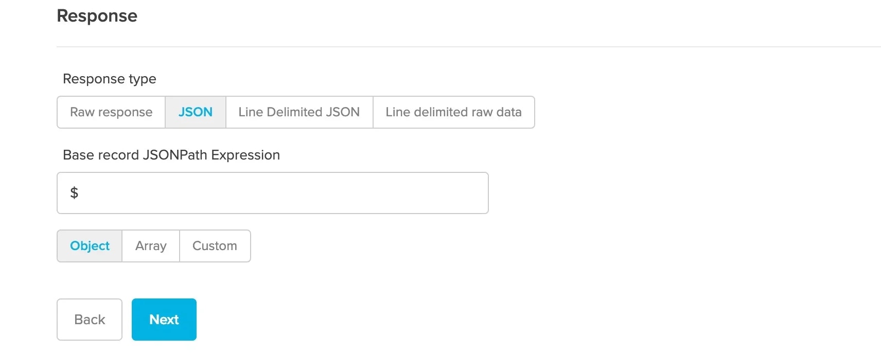 JSON response type with Object record type selected
