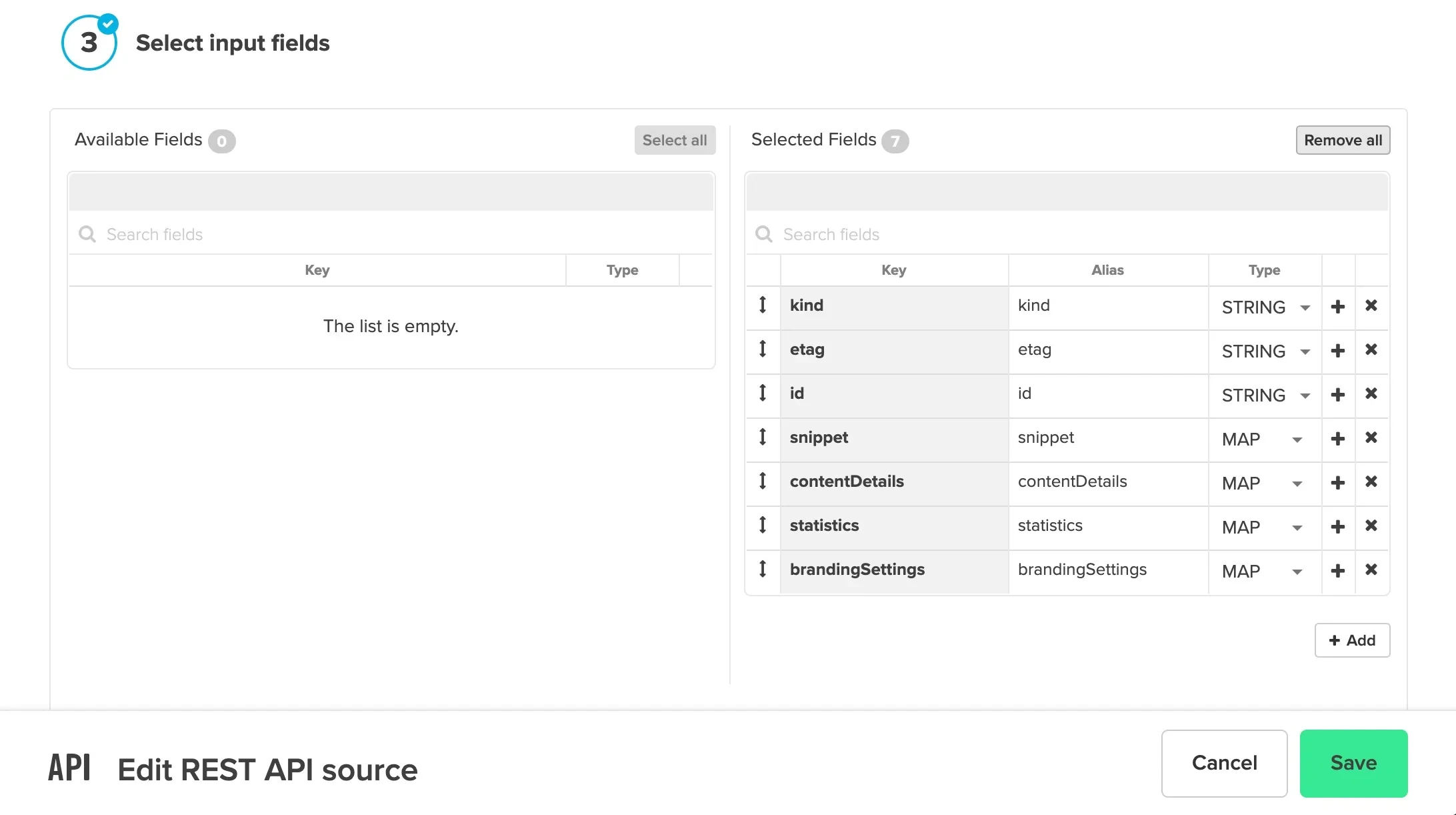 Input fields selection with available and selected fields
