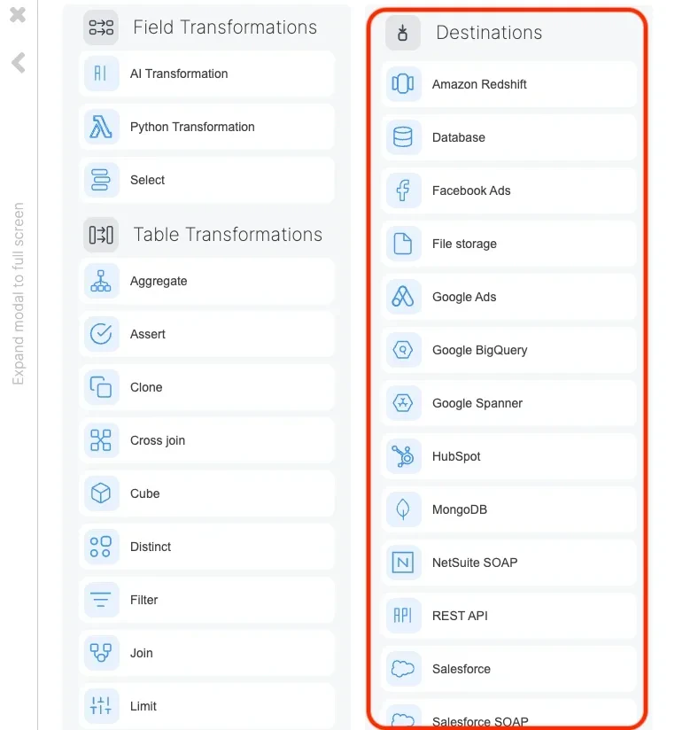 Redshift destination component in the pipeline designer
