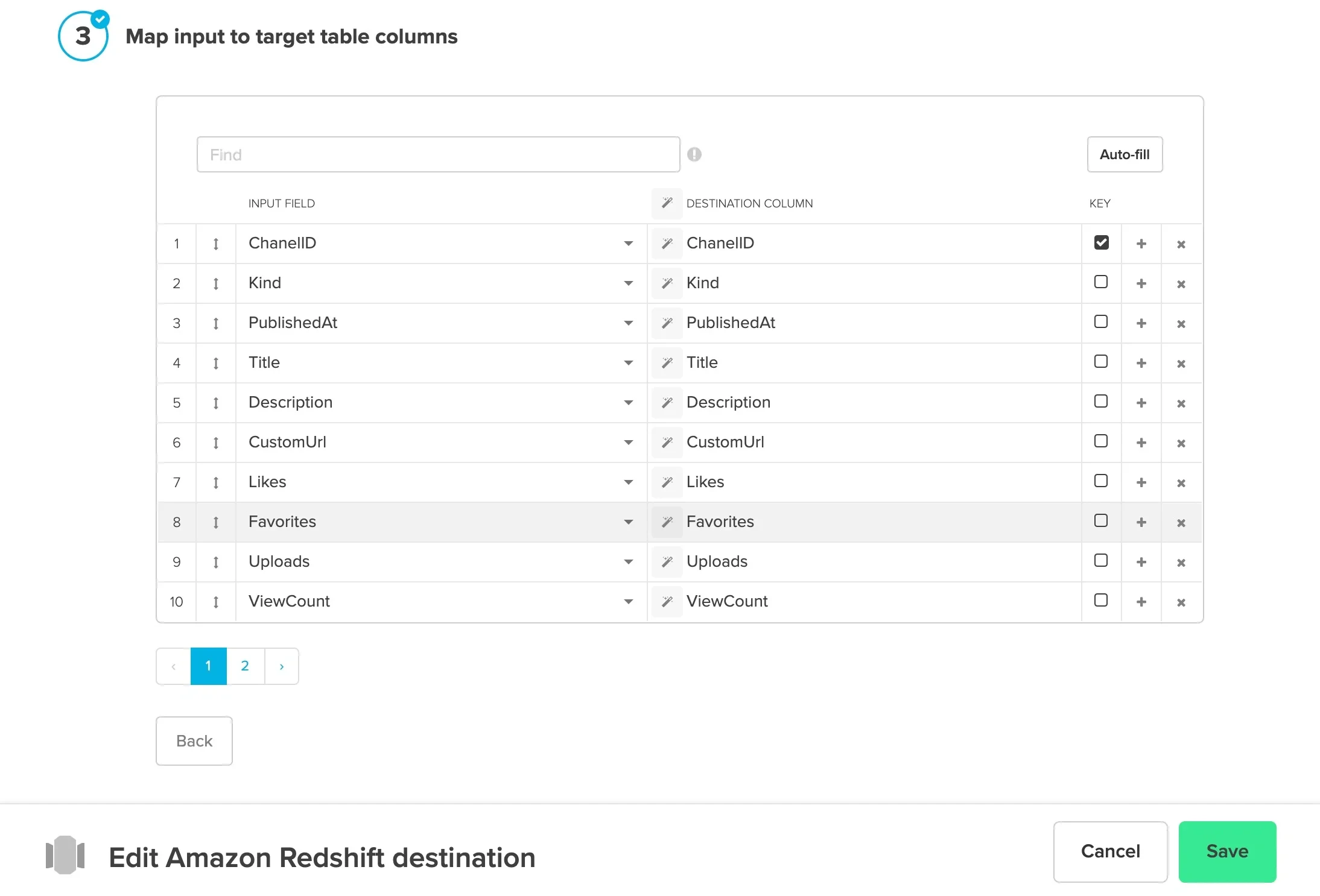 Schema mapping with auto-filled fields and merge key selection