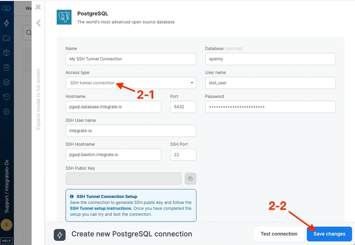 SSH tunnel connection form with connection and tunnel host details