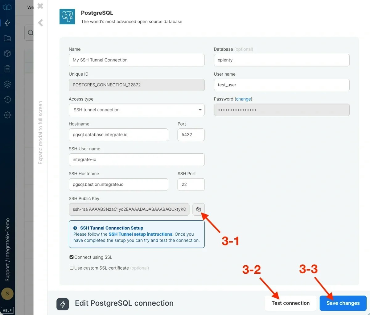 Generated SSH public key with copy button for tunnel host setup