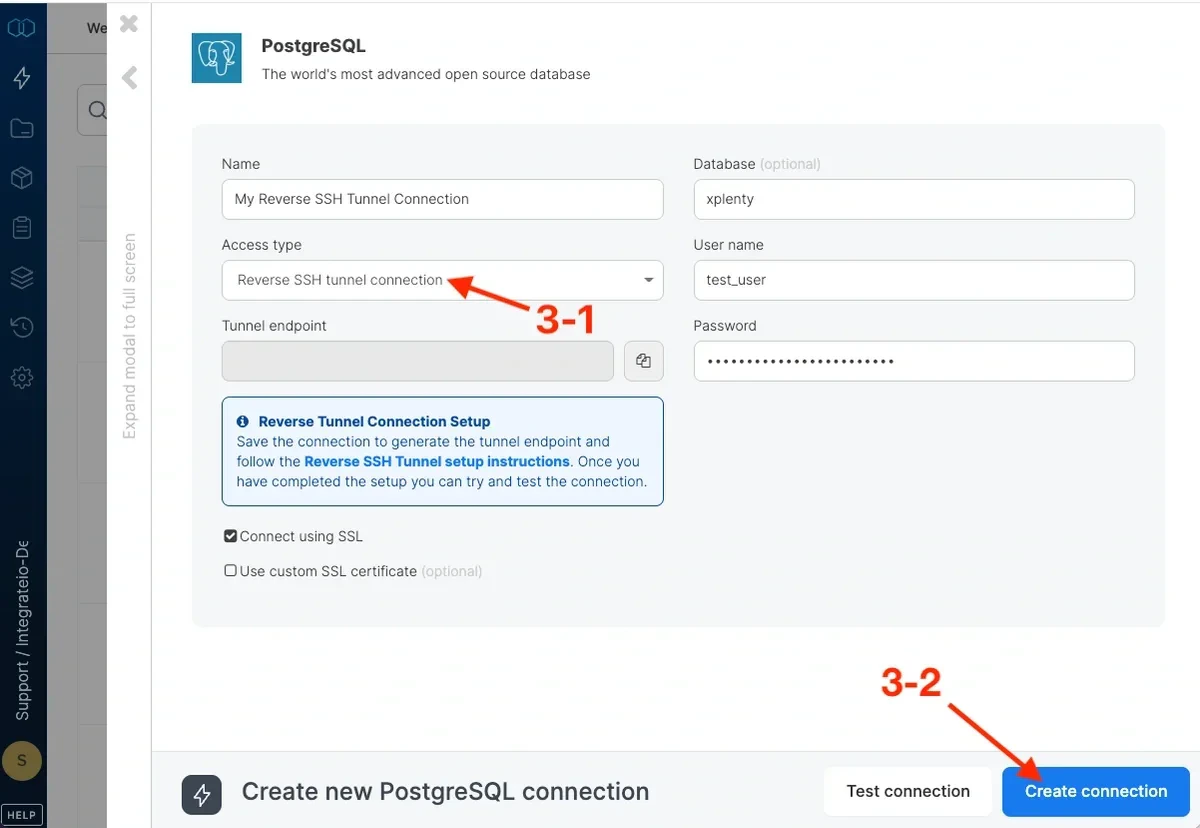 Reverse SSH tunnel connection form with username and port fields