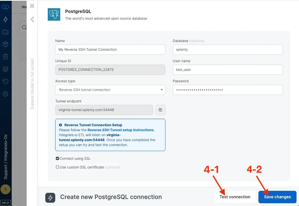 Tunnel server endpoint and connection port displayed after creation