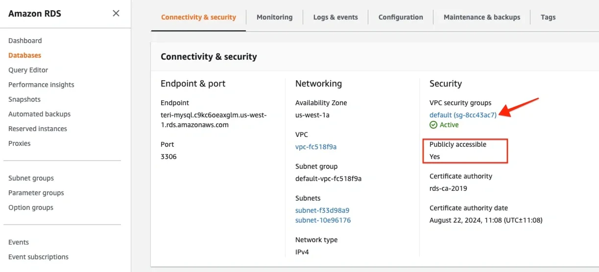 RDS instance Connectivity and Security section with security group link