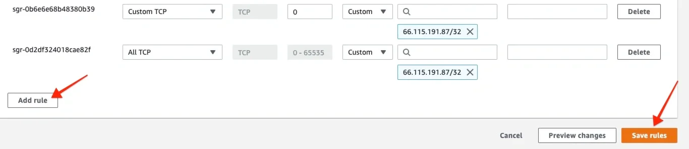 Inbound rules configured with custom TCP rules for Integrate.io IP addresses