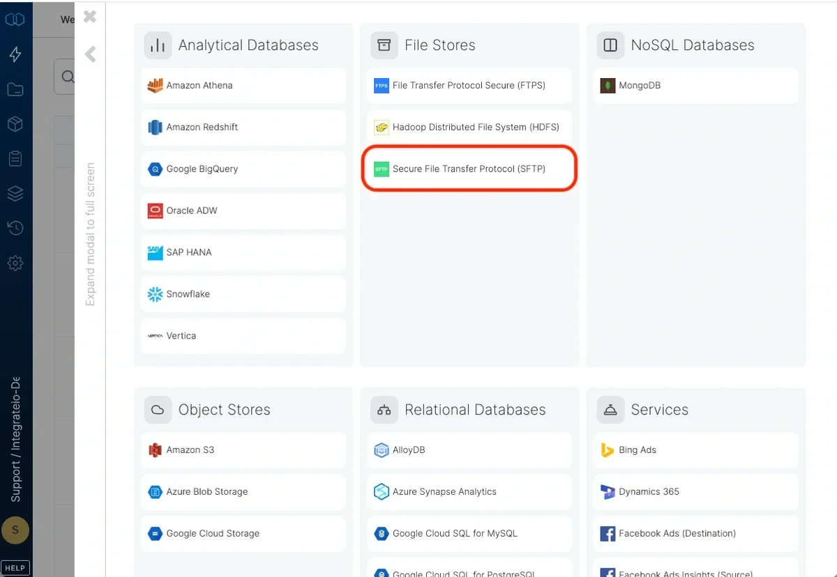 Selecting SFTP connection type from the New Connection menu