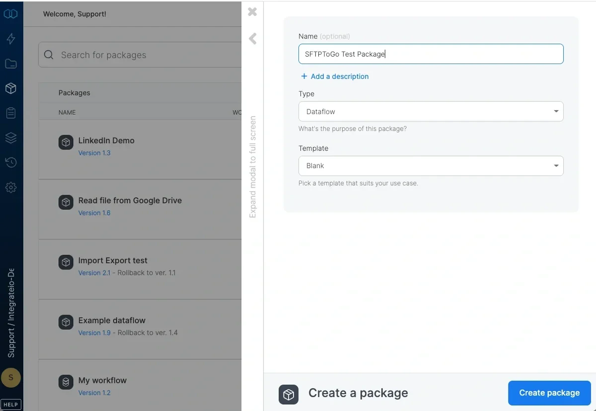 Creating a new package in the Packages menu