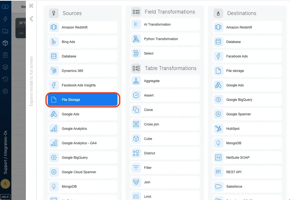 Adding a File Storage source component in the package designer