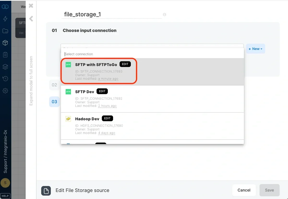 Choosing the SFTPToGo SFTP connection from the dropdown