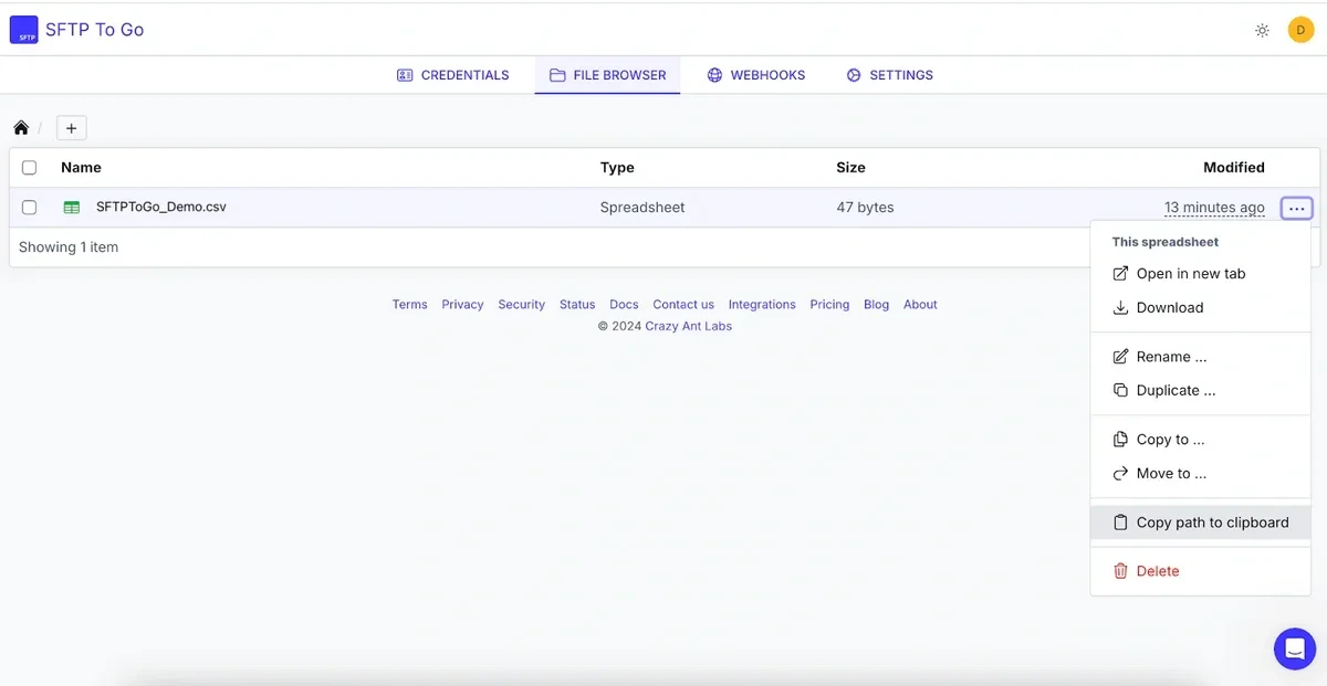 SFTPToGo File Browser with copy path option on a file