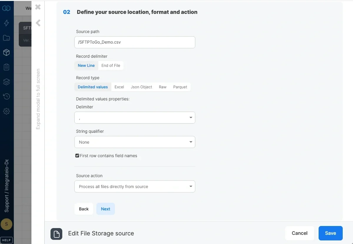 Source path field with the copied SFTPToGo file path