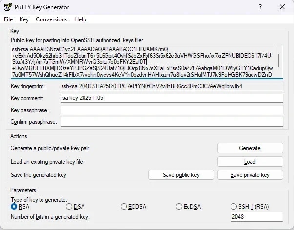 PuTTY Key Generator with a generated public key
