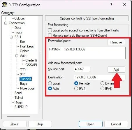 PuTTY Tunnels settings with source port, destination, and Remote option