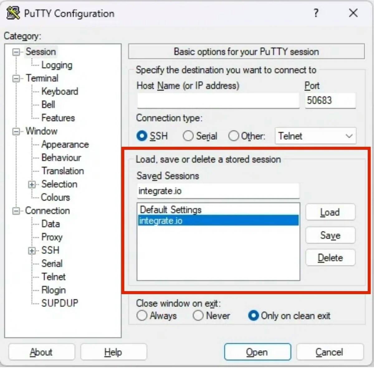 PuTTY Session tab with saved connection name and Save button