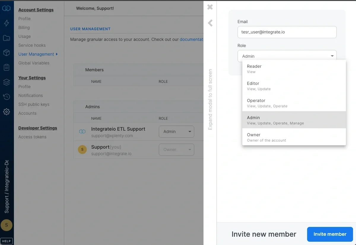 User management page showing members with their assigned roles