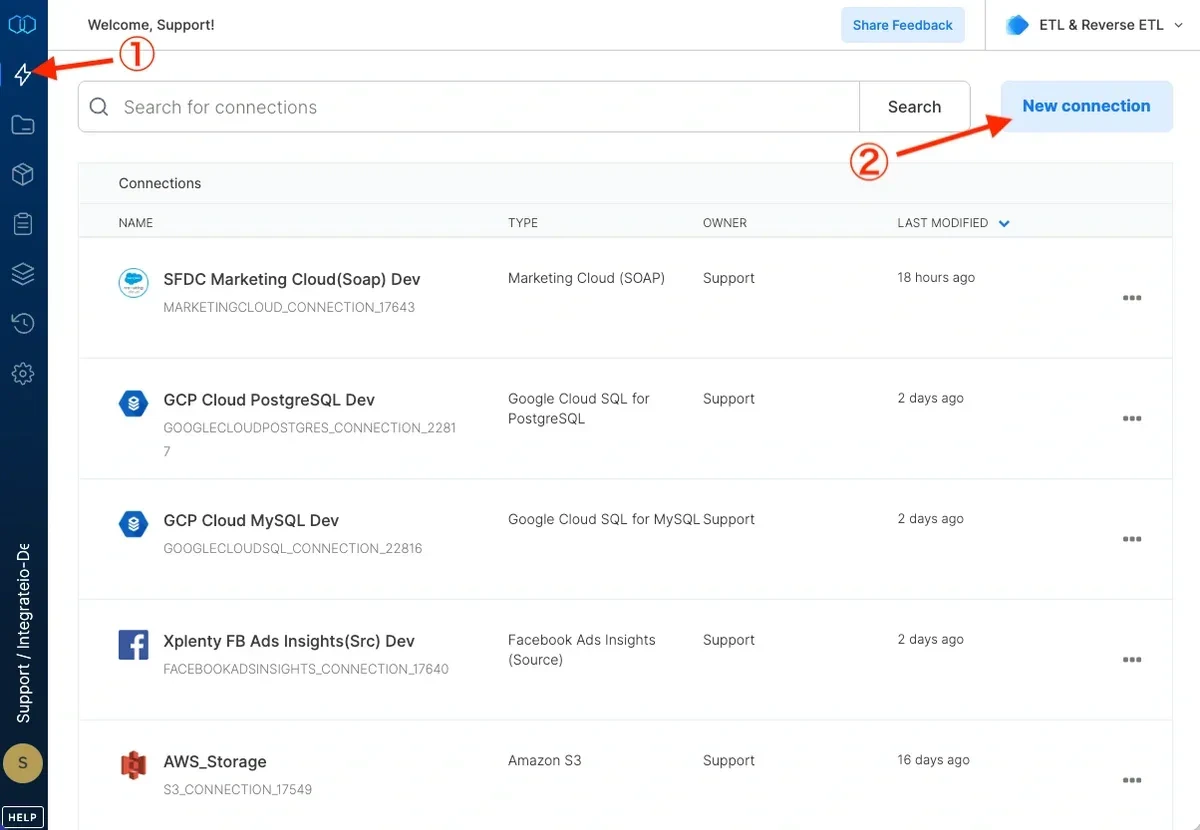 New connection button in the Connections page
