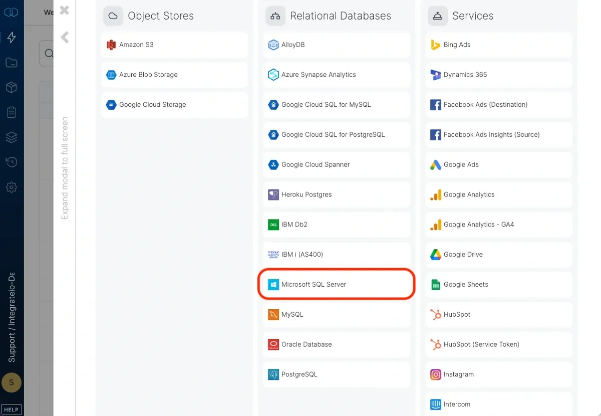 Selecting SQL Server as the connection type