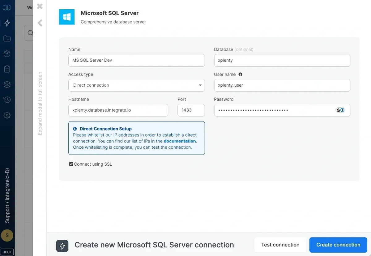 SQL Server connection configuration form with host, database, and credentials
