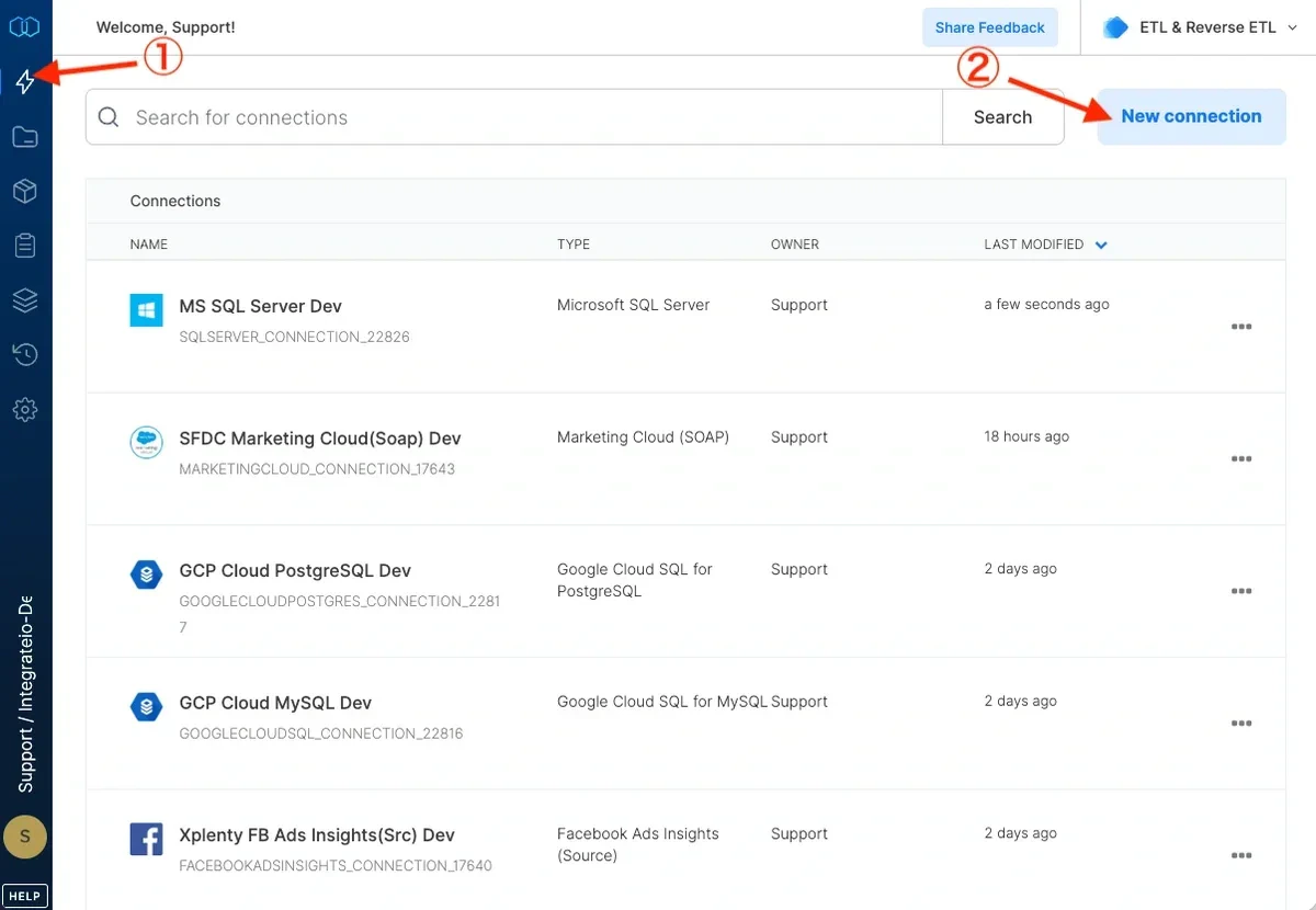 Connections page with New connection button