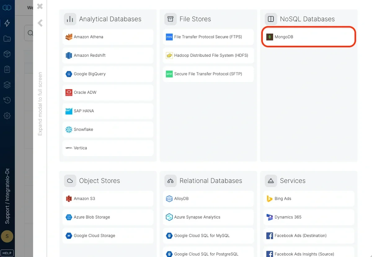 Selecting MongoDB from the connection type list
