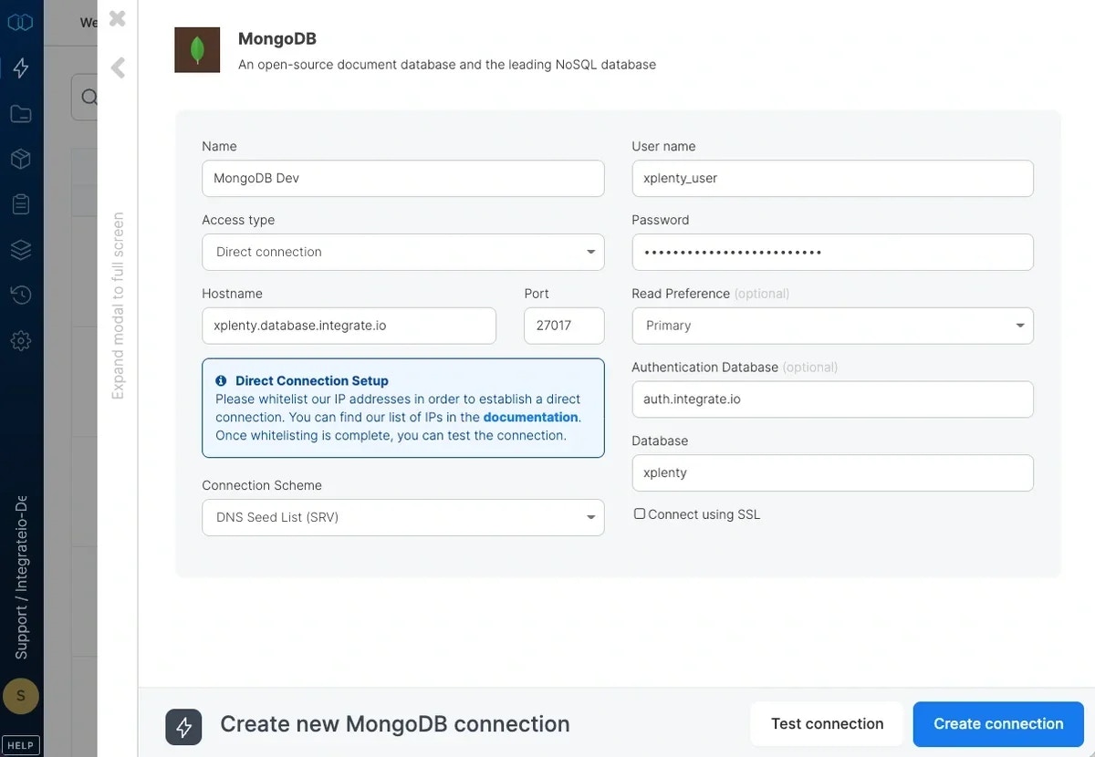 MongoDB connection form with hostname, port, and database fields