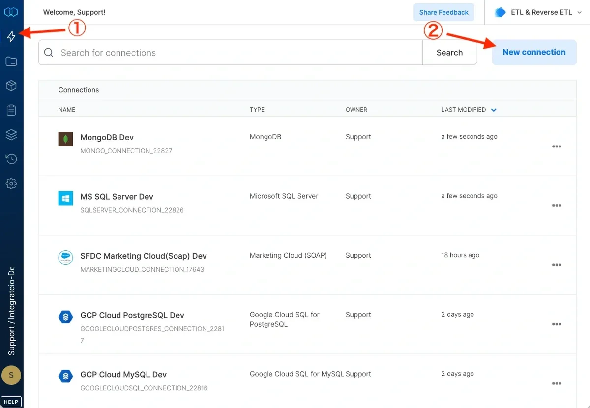 New connection button in the Connections page
