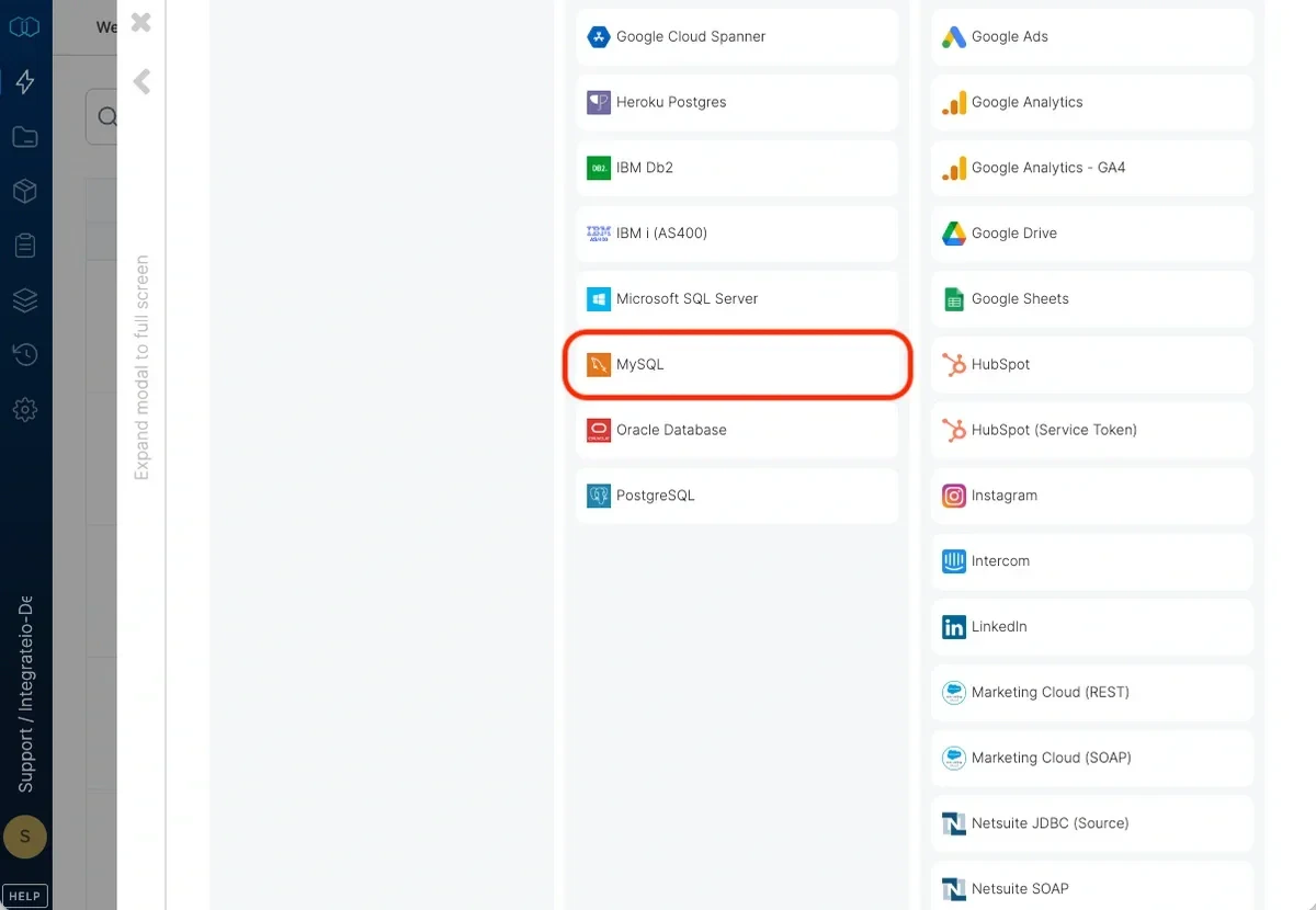 Selecting MySQL as the connection type