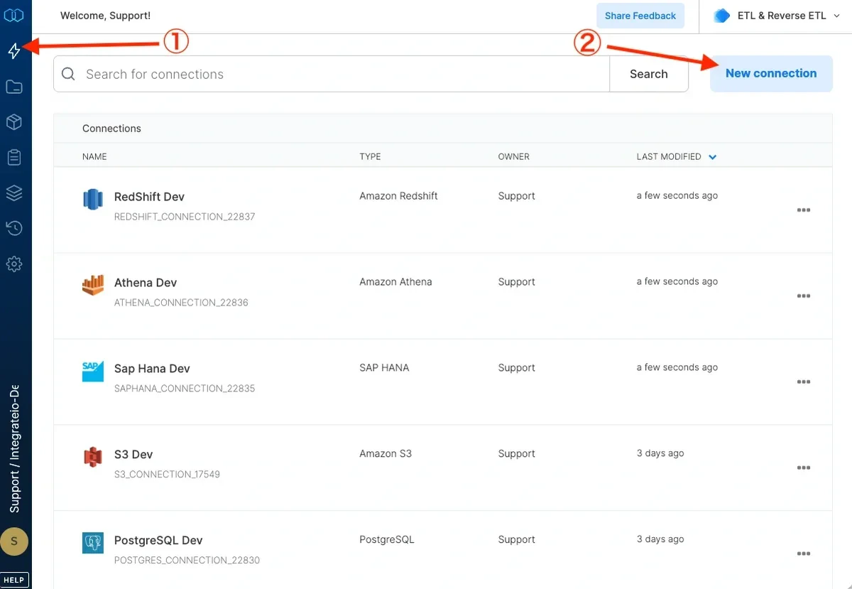Connections page with New connection button