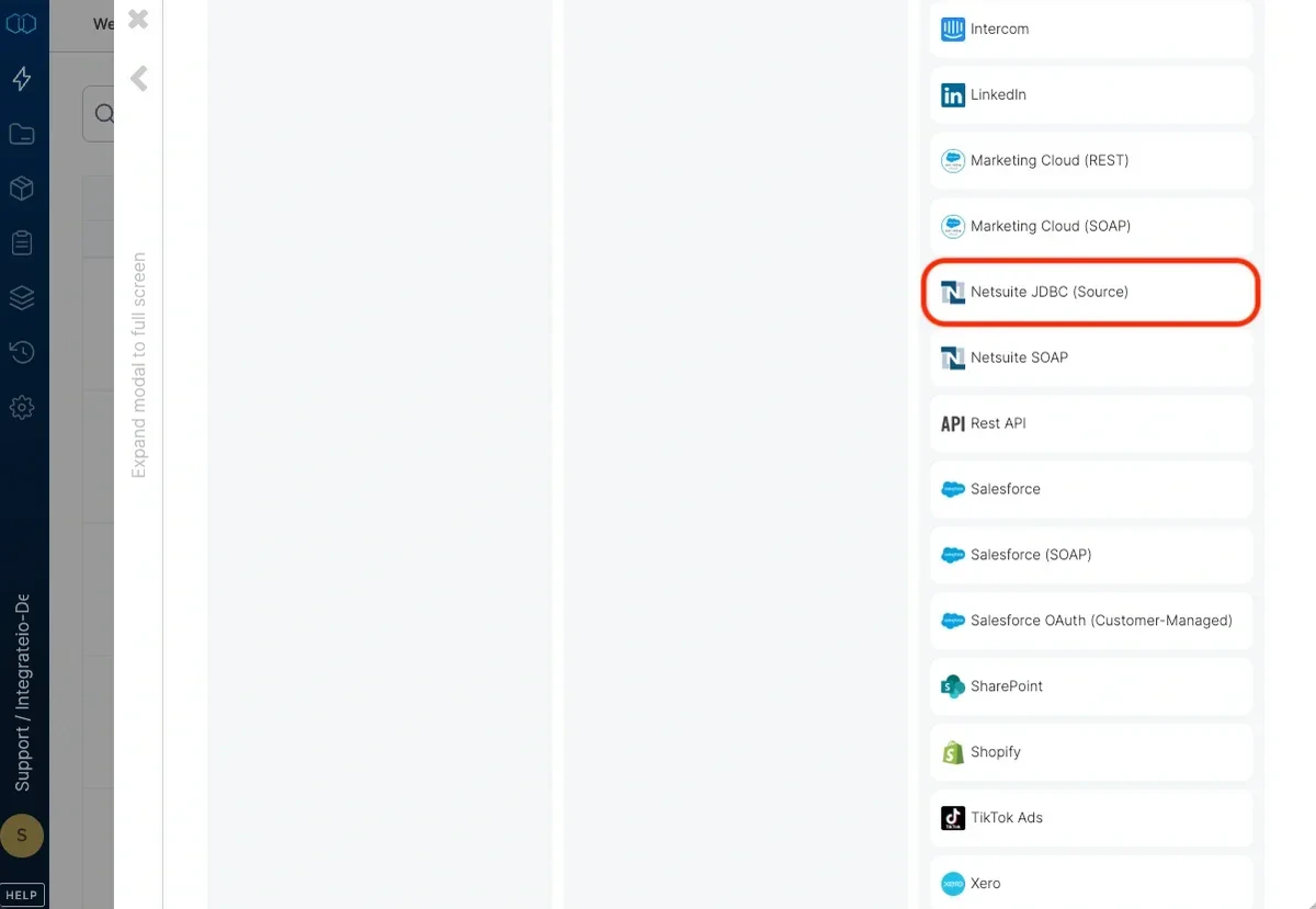 Selecting NetSuite JDBC Source from the connection type list