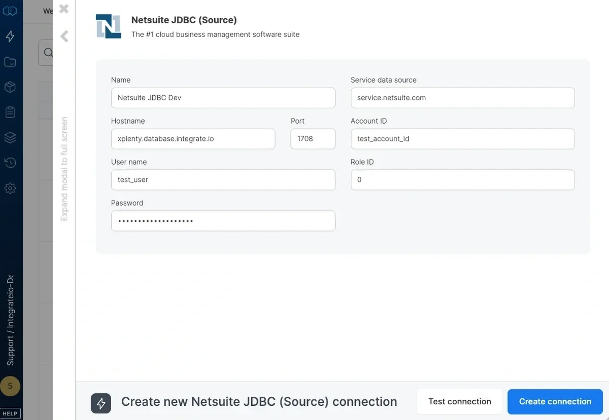 NetSuite JDBC connection form with hostname, port, and credentials