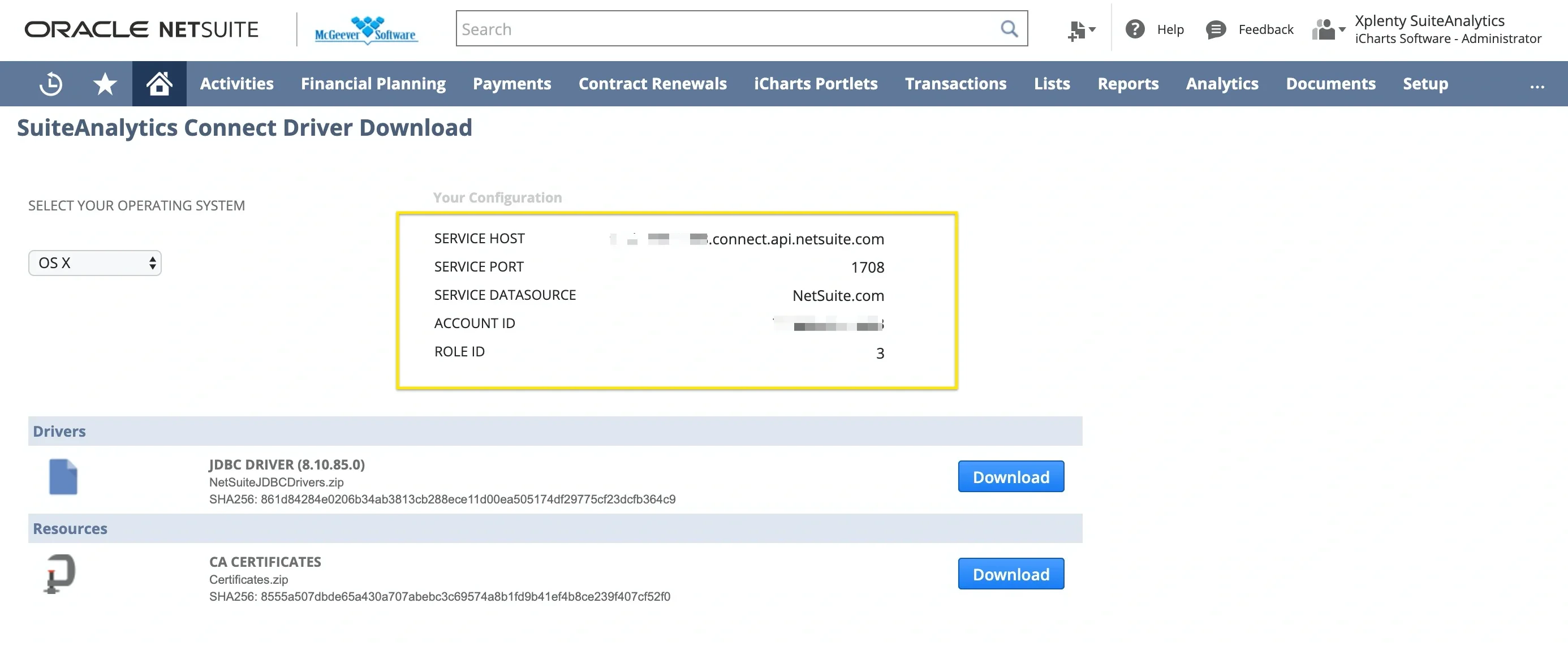 SuiteAnalytics Connect configuration panel with connection details