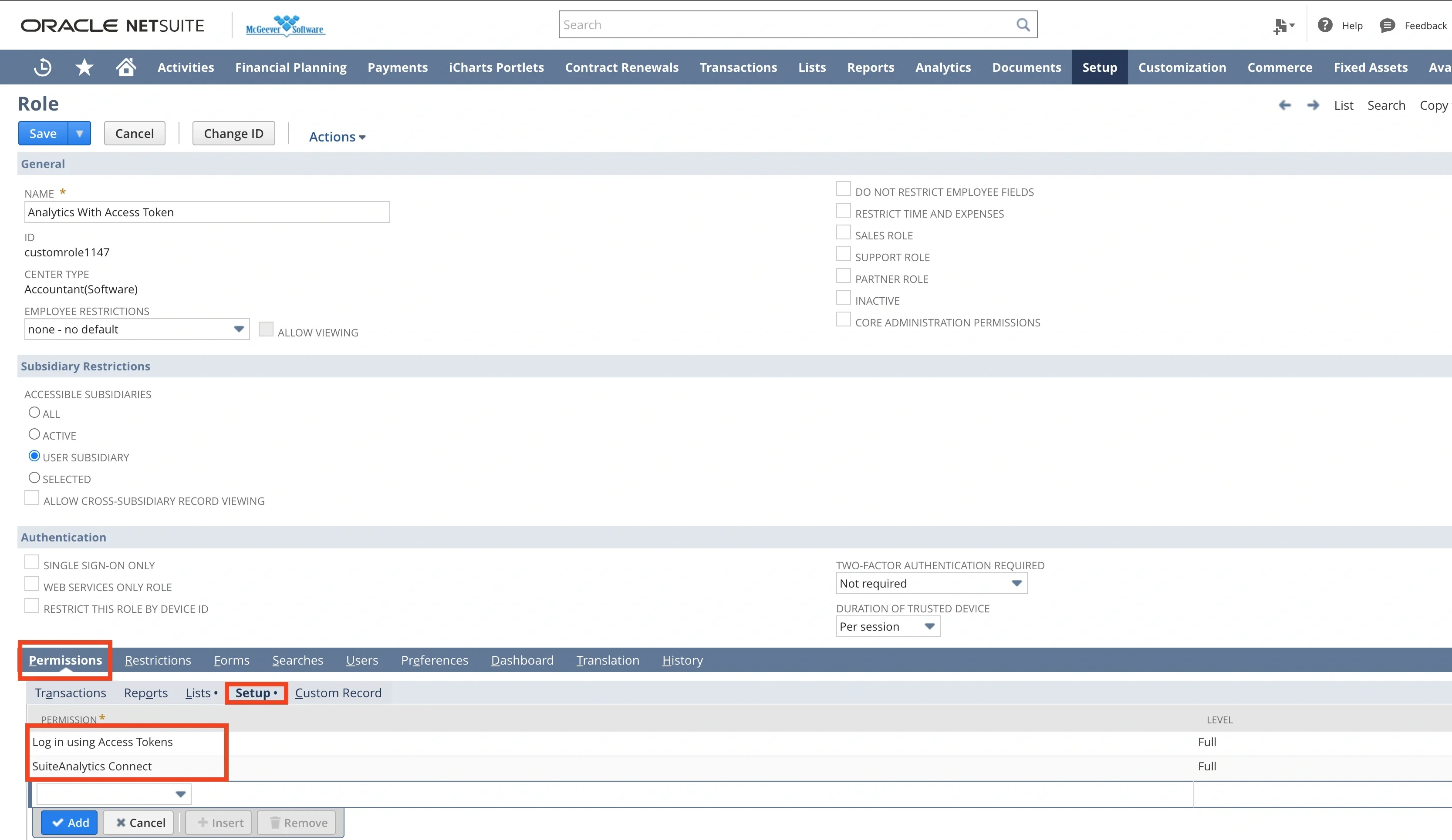 Assigning SuiteAnalytics Connect permission to the role