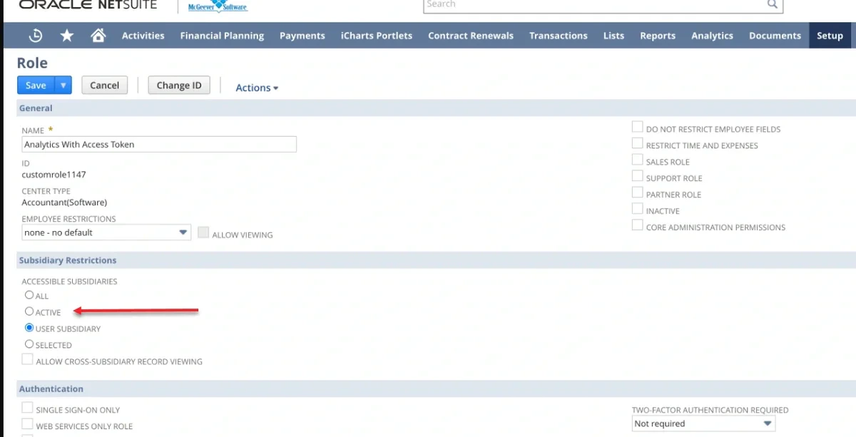 Subsidiary restriction options on the role configuration