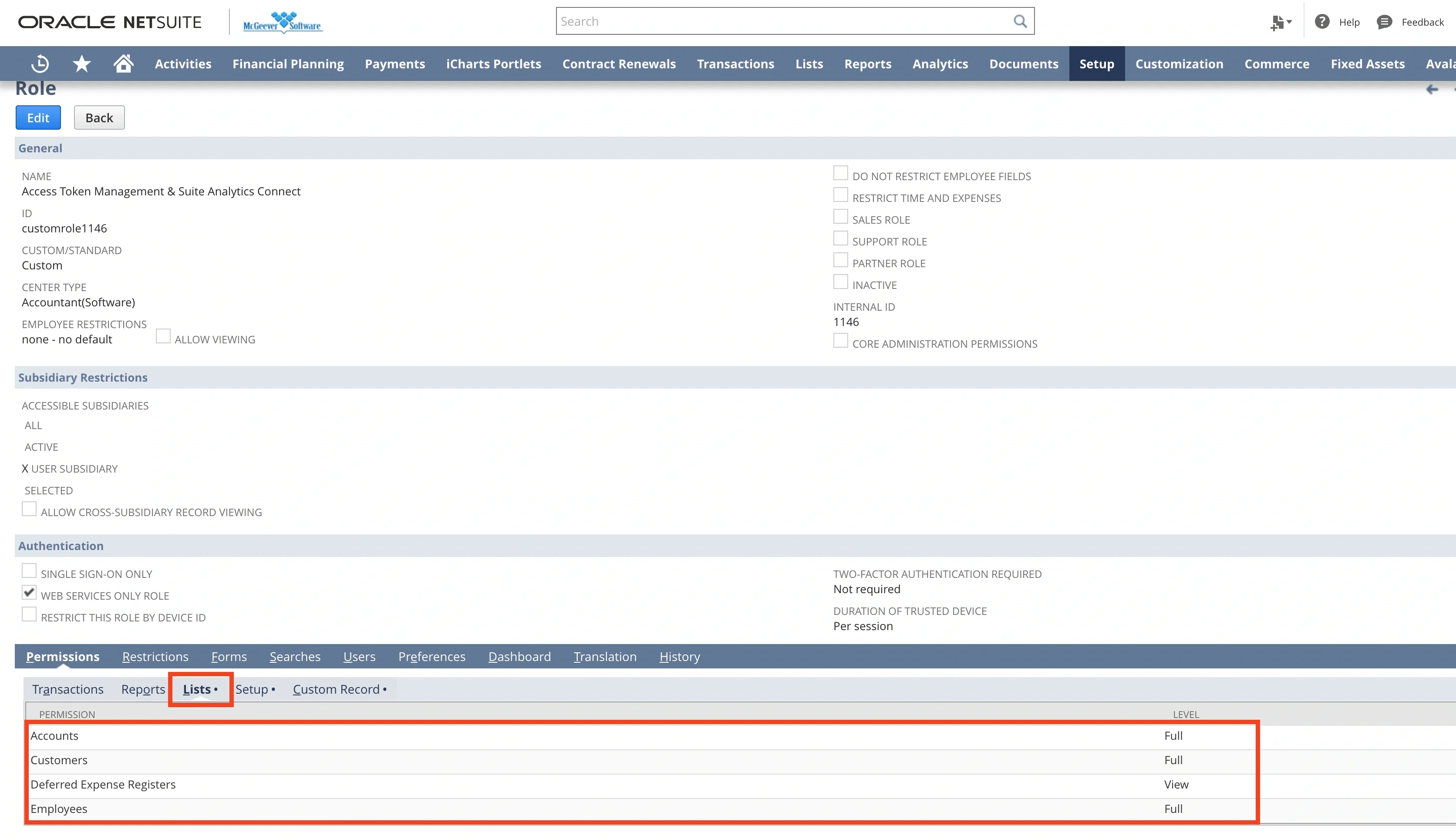 Granting table access permissions in the Lists tab