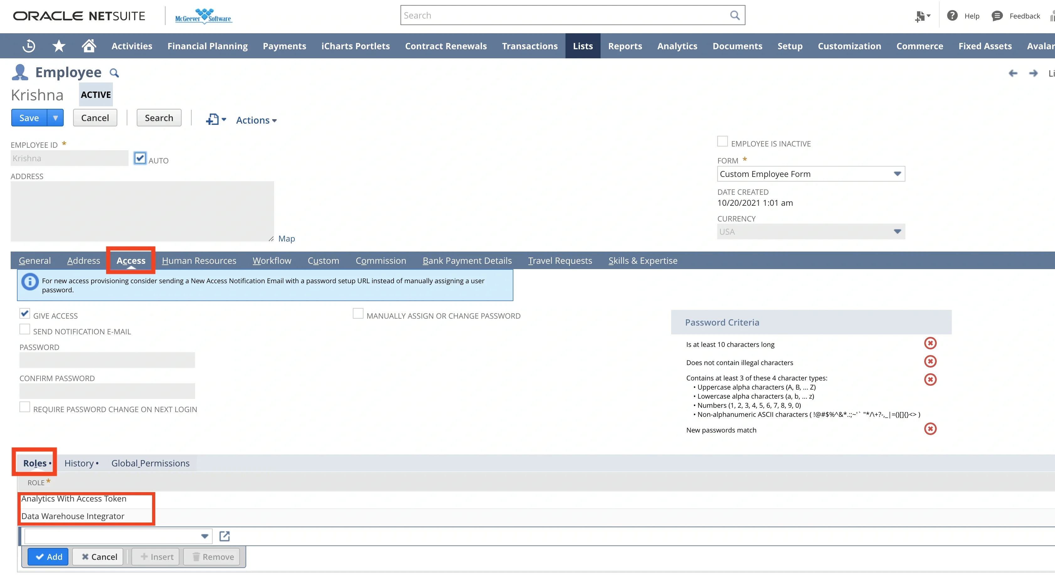 Assigning roles to a user in the Access tab