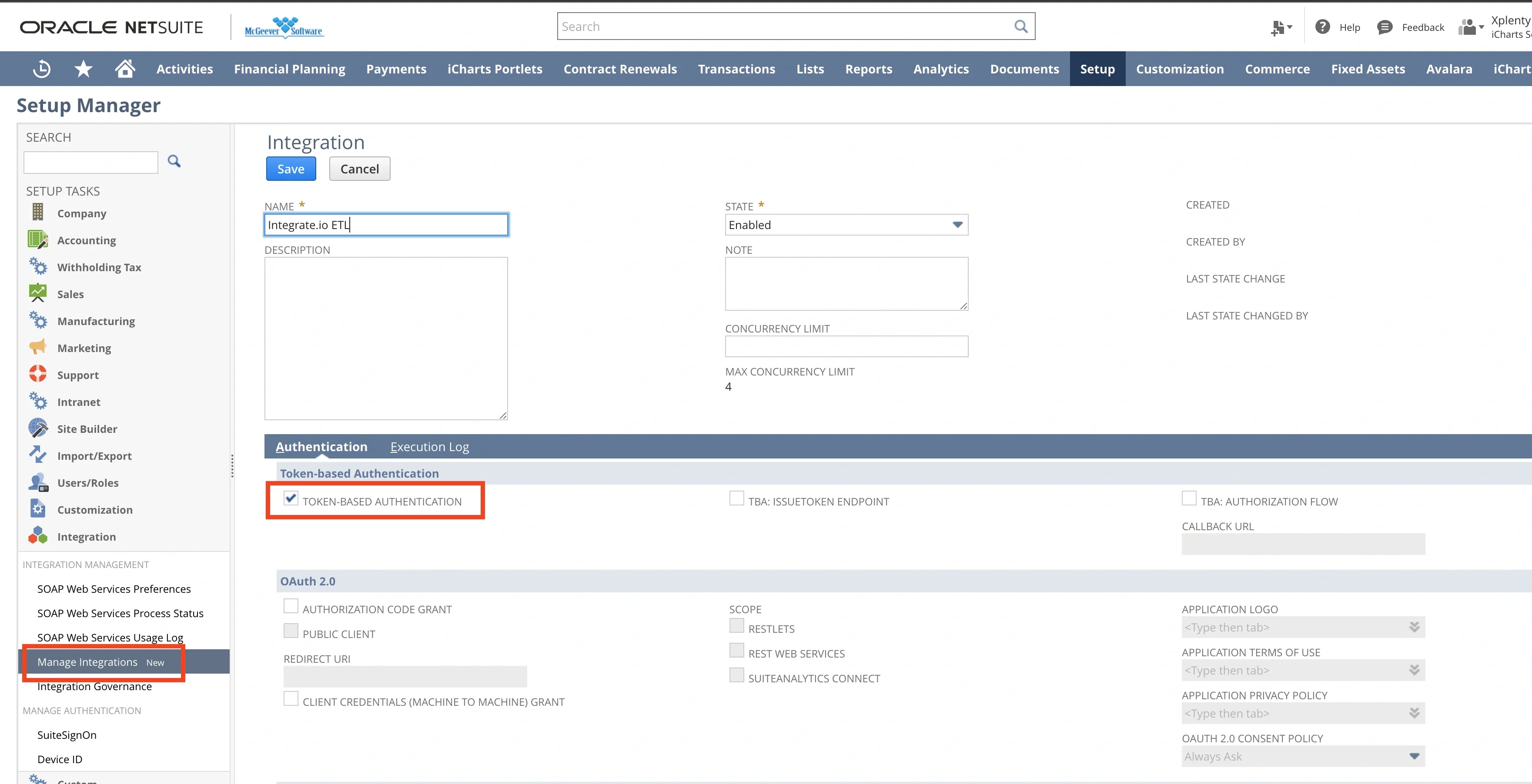 Creating a new integration with Token-based Authentication checked