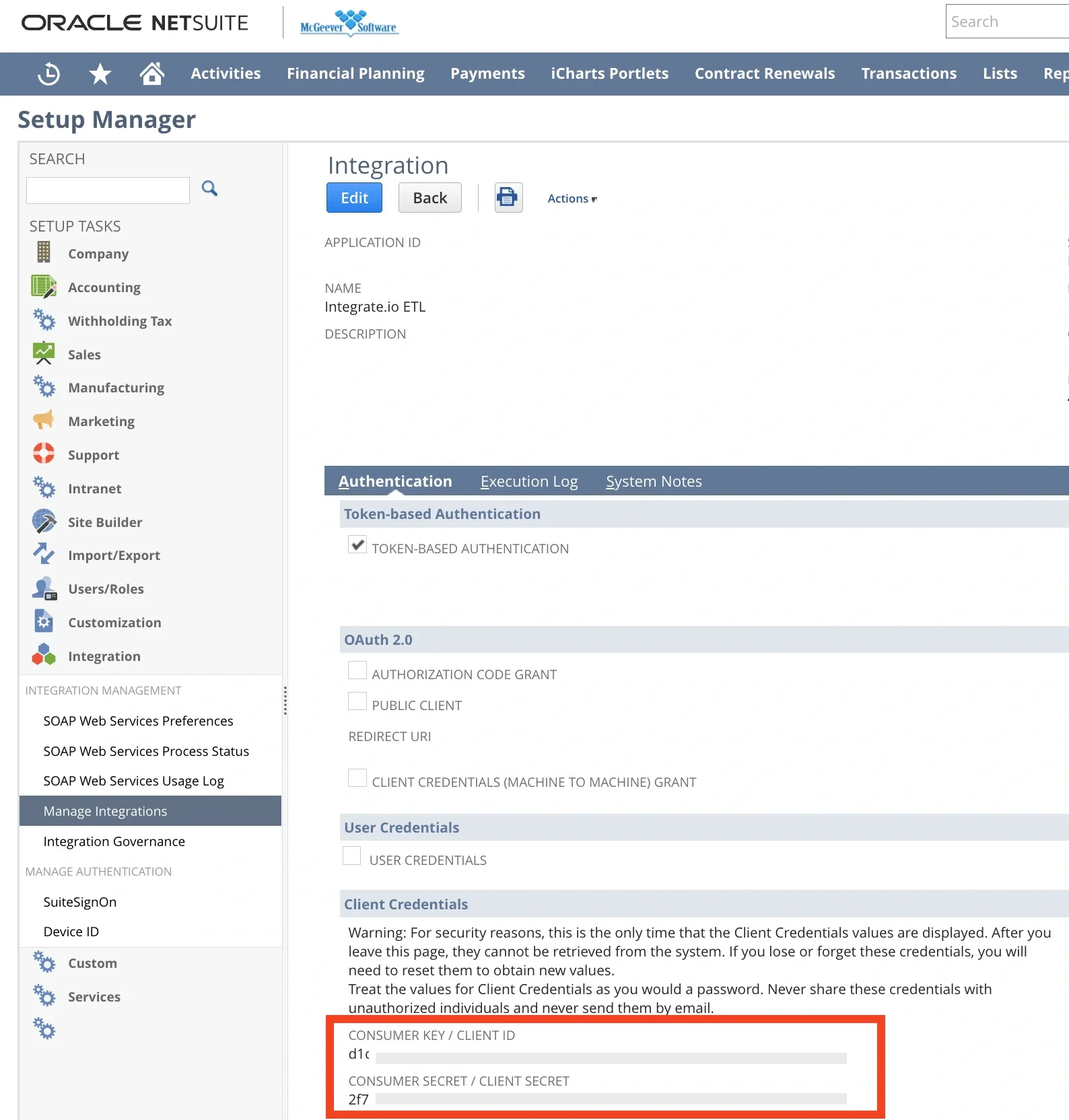 Consumer Key and Consumer Secret displayed after integration creation