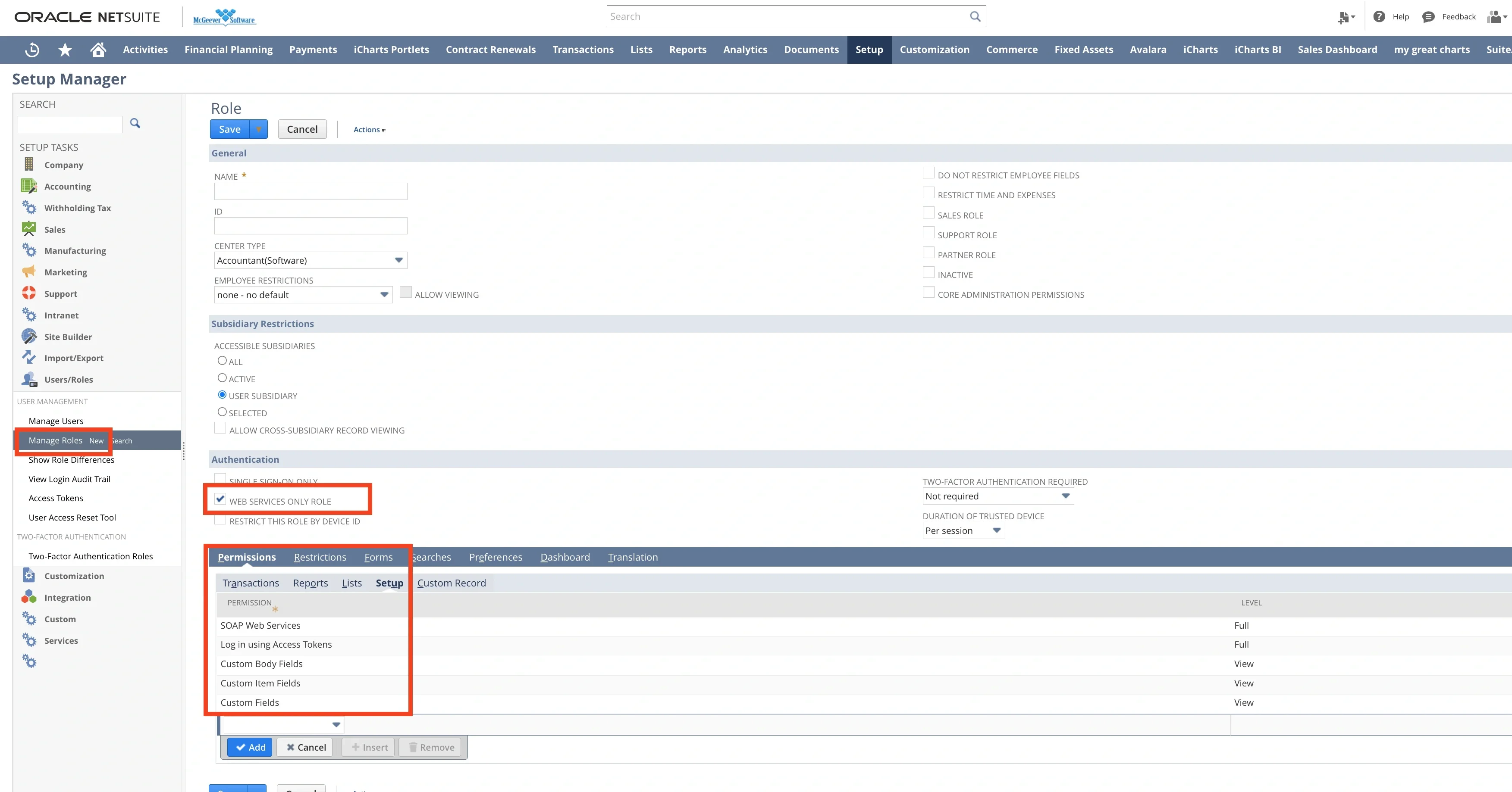 Role creation with Web Services Only Roles and permissions