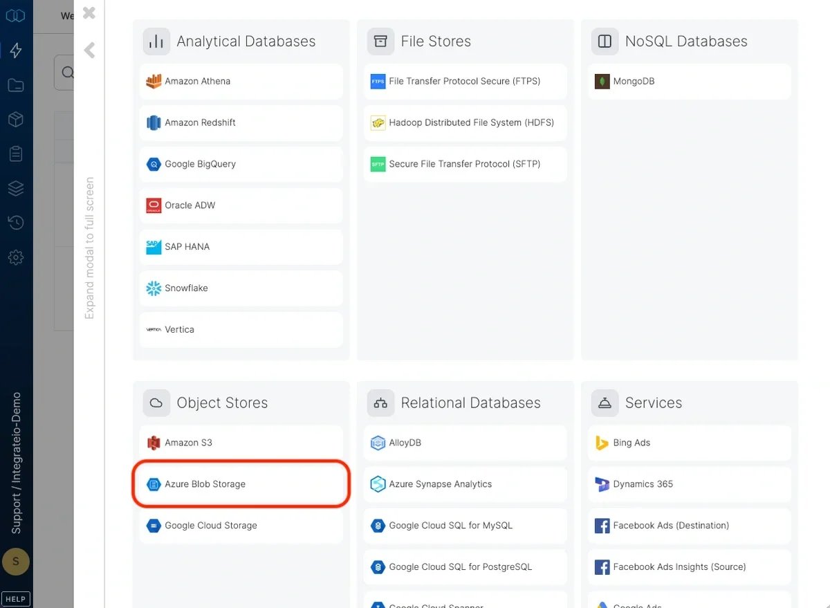 Selecting Azure Blob Storage from the connection type list