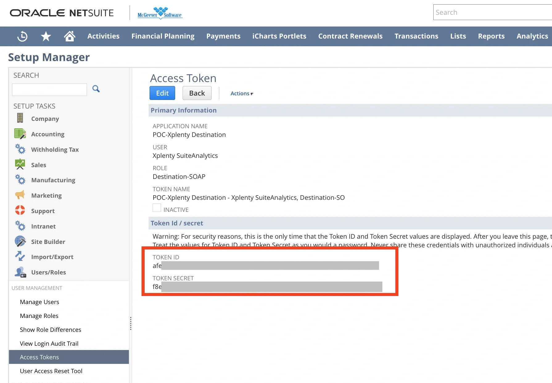 Creating a new access token with Token ID and Token Secret